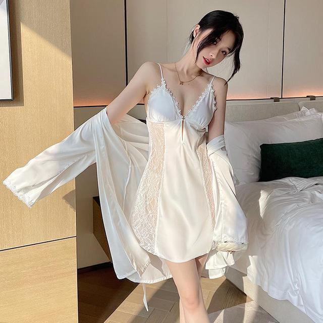 Bridal 2PCS Robe Gown Suit Strap Nightgown Satin Nightwear Lace  Out Bathrobe&Chemise Sleepwear Sexy Intimate Lingerie