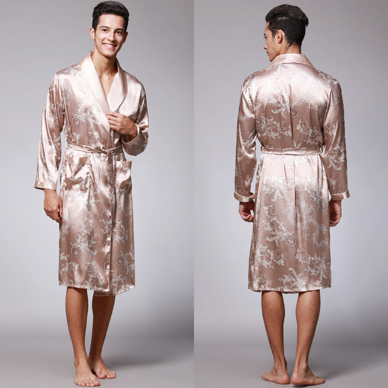 New ice silk men's long-sleeved nightgown bathrobe home clothes