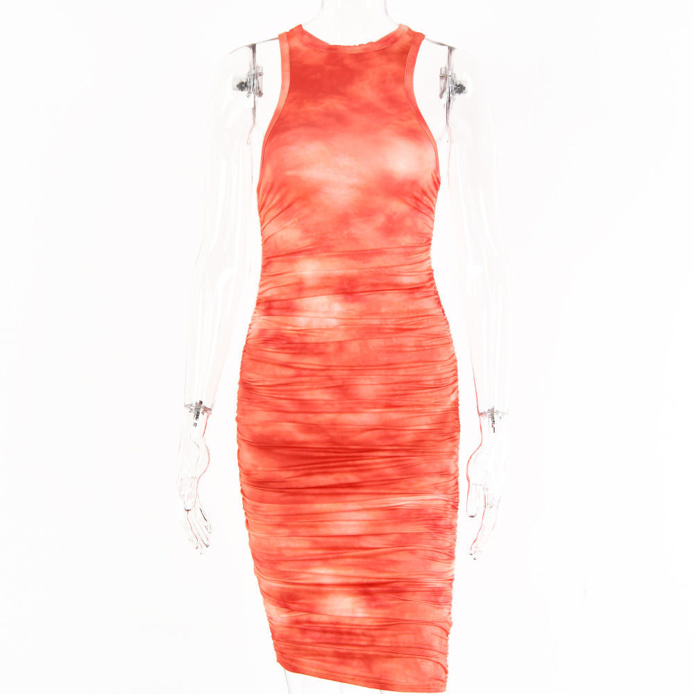 Printed Sexy Pleated Dress For Women Sleeveless O Neck Bodycon Midi Dress Spring Autumn Party Dress