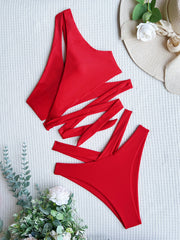 Chan double new bikini one-shoulder swimsuit European and American sexy swimsuit women's cross swimsuit solid color bikini