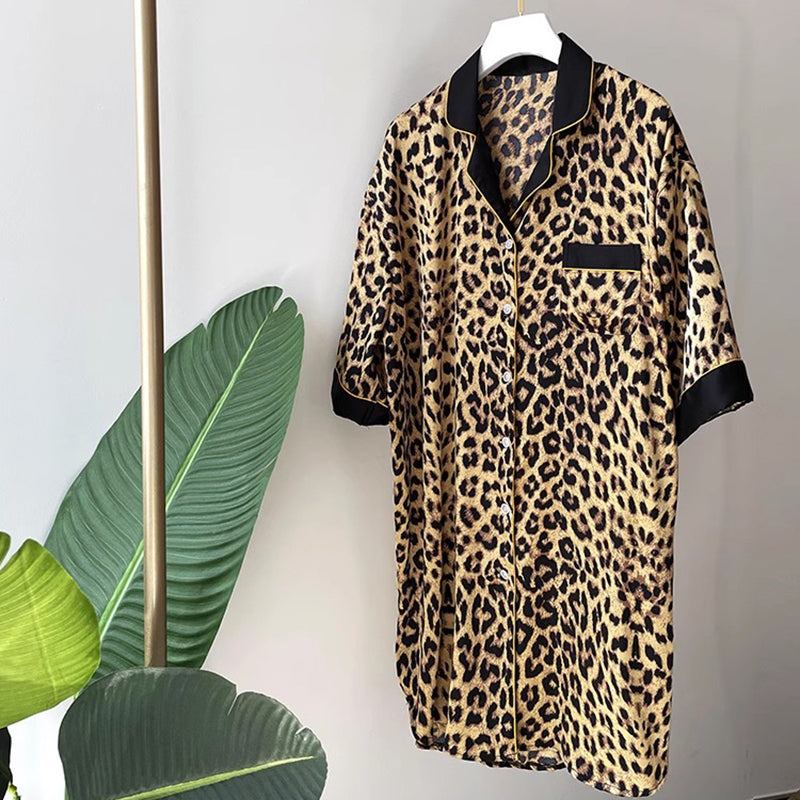 Women's Sexy Leopard Print Pajamas Shirt Collar Short Sleeve Homewear Simulated Silk Nightdress