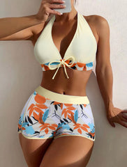 New European and American foreign trade swimsuit female split high waist boxer tie printing solid color stitching net red swimwear