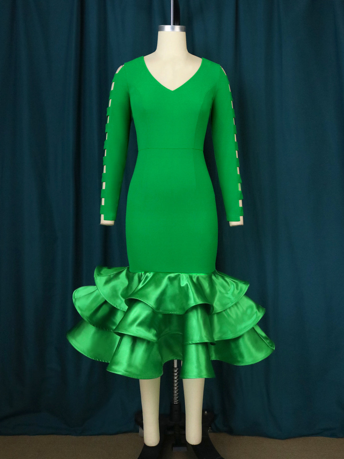 AOMEI Long Green Party Dress Spring 2023 Women Mermaid Bodycon Dress Long Sleeve Cut Out Tierred Ruffle Trim Modest Formal New