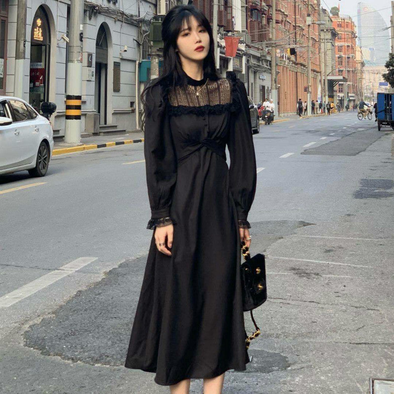 Gothic Black Y2K Women's Casual Lace Long Sleeve One Piece Dress Korean Party Elegant Midi Dress Women