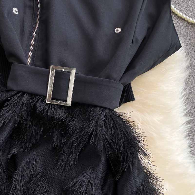 Autumn black stand-up collar tight  bottoming shirt two-piece suit  waisted splicing  fringe suspender dress