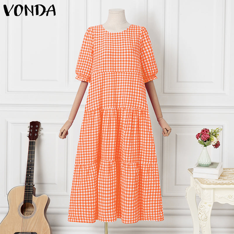 VONDA Elegant Dresses For Women 2022 Lattice Short Puff Sleeve O Neck Pleated A-Line Vestidos Bohemian Party Casual Summer Plus Size Long Dresses