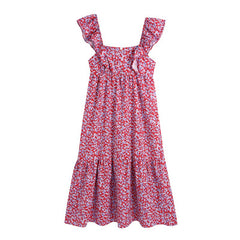 فستان صيفي نسائي بوهو مطبوع عليه زهور بحزام سباغيتي فستان طويل مكشكش فستان صيفي طويل للسيدات بدون أكمام للحفلات 