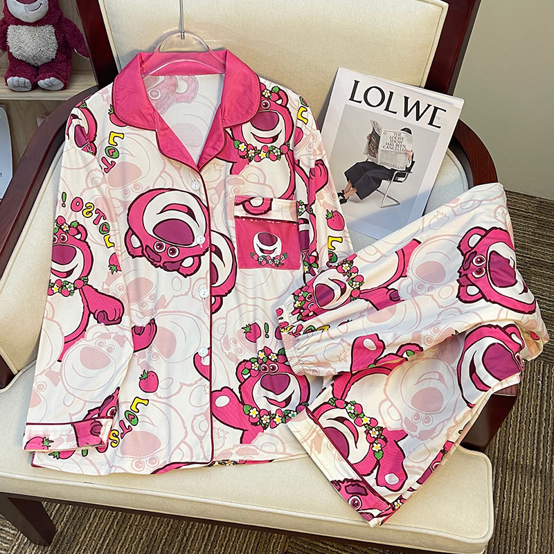 Spring and autumn long-sleeved pajamas female cardigan suit strawberry bear  milk silk home service