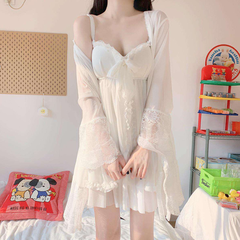 Summer burst sexy suspender nightdress with chest pad women's lace nightgown sexy temp pajamas home service set