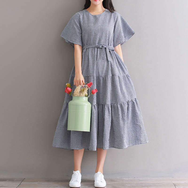 ZANZEA women's round neck short-sleeved plaid cotton and linen stitching cake skirt dress with belt