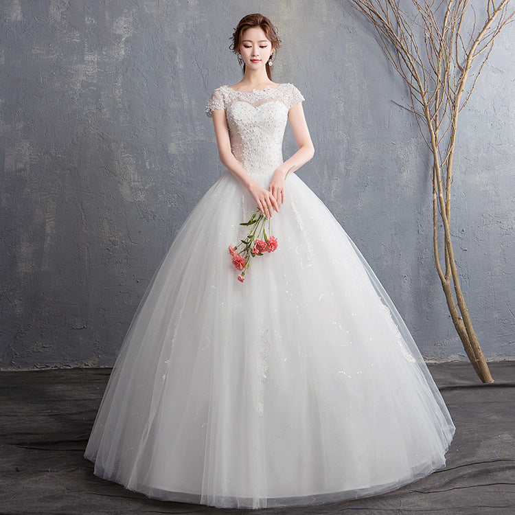 Promotion High Quality Custom bride out white gauze luxury palace lace heavy industry bride shoulder to shoulder wedding dress