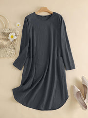 ZANZEA Women Elegant Dresses Solid O-Neck Long Sleeve Vintage Knee Length Dress Fashion Holiday Casual Loose Ladies Vestido Plus Size