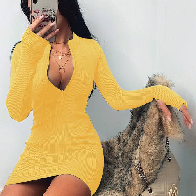 Oshoplive 2021 Autumn&Winter Fashion Bodycon Dress For Women Versatile Wrap Slim Sexy Dress Long Sleeves Knitted Mini Dress
