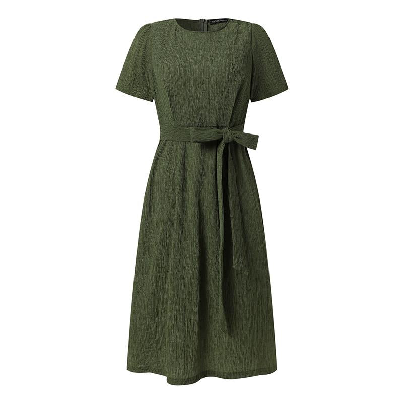 ZAZNEA Causal Loose Dress Ladies Elegant Work Vestido Women Summer Short Sleeeve Solid Sundress Fashion Loose Lace Up Dresses