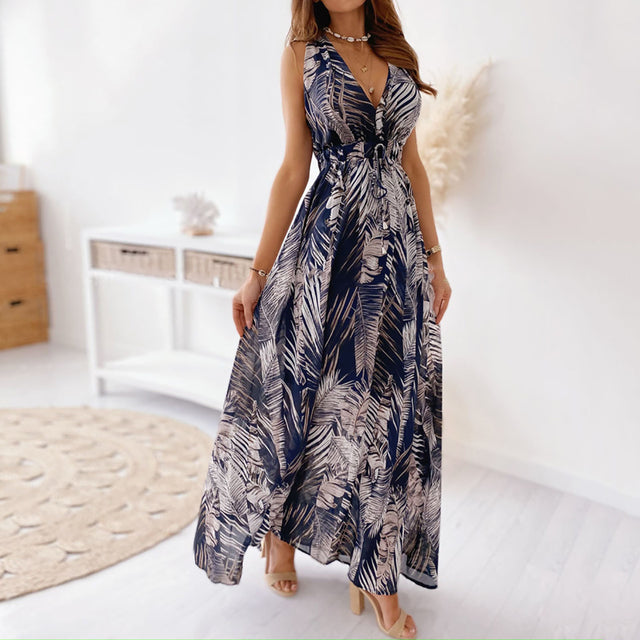 Women's Deep V Neck Printed Maxi Dress Retro Boho Ties Backless A-Line Maxi Dress Sexy Sleeveless Beach Party Dress Tank Top