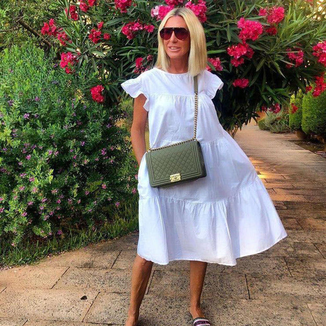 2023 New Summer Boho Dress Women Solid Color Short Sleeve Ruffle Midi Dress Women Casual Holly Beach Party Dress