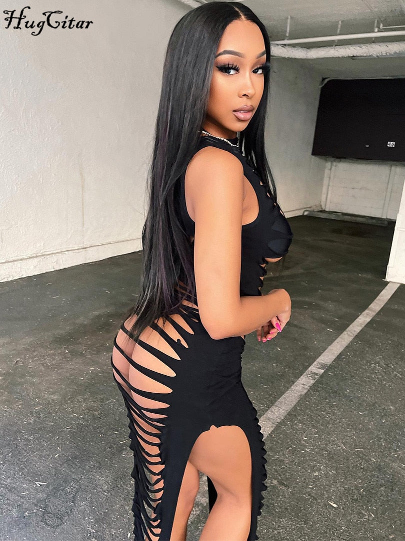 Hugcitar الصلبة الجوف خارج انظر من خلال أكمام كاشفة فستان ماكسي مثير Bodycon 2022 الصيف ملابس النساء الموضة بحر 