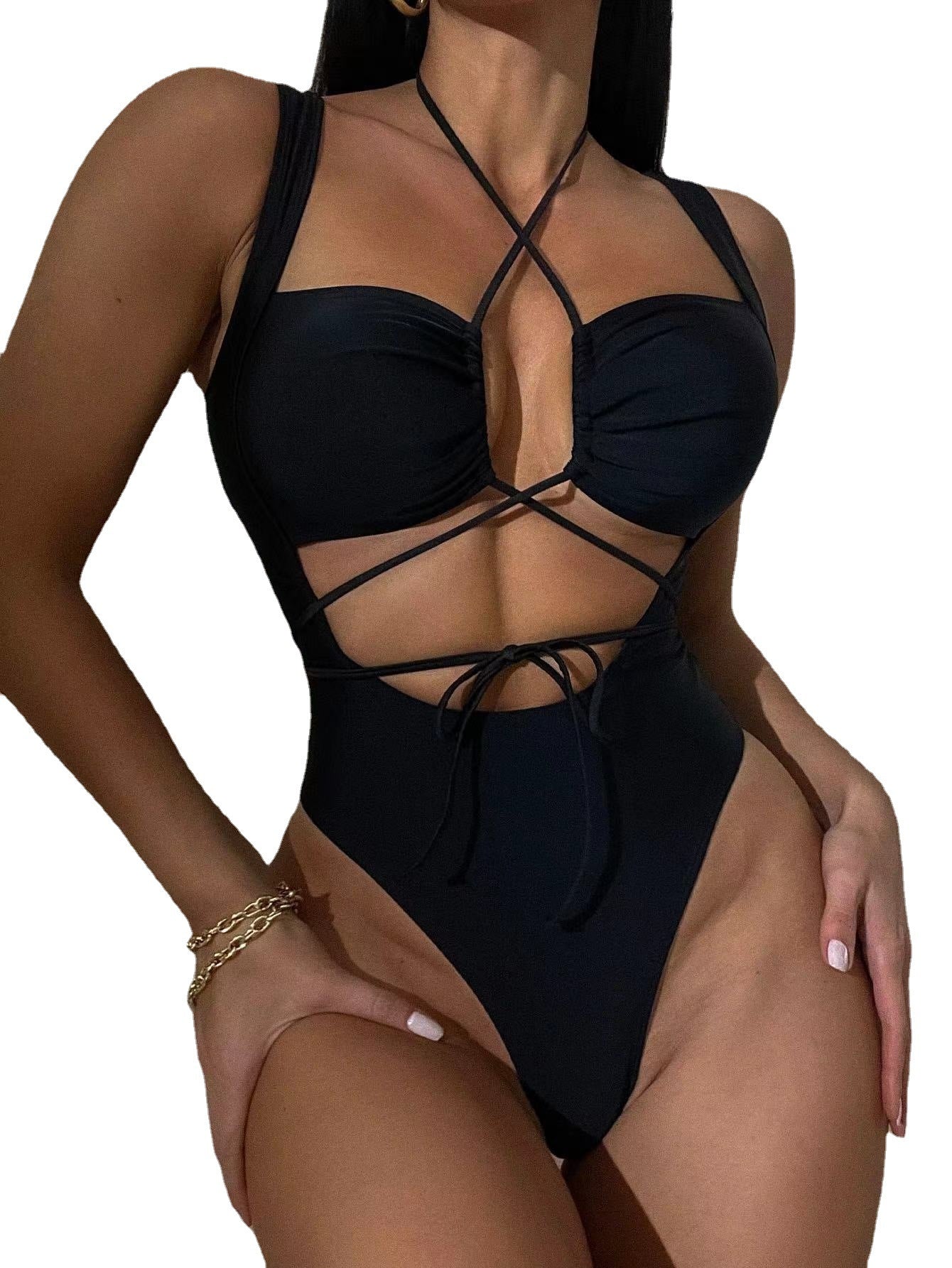 ملابس سباحة نسائية أوروبية وأمريكية جديدة مثيرة بسعر خاص لعام 2023 بيكيني من قطعة واحدة بأشرطة مجوفة بدون ظهر