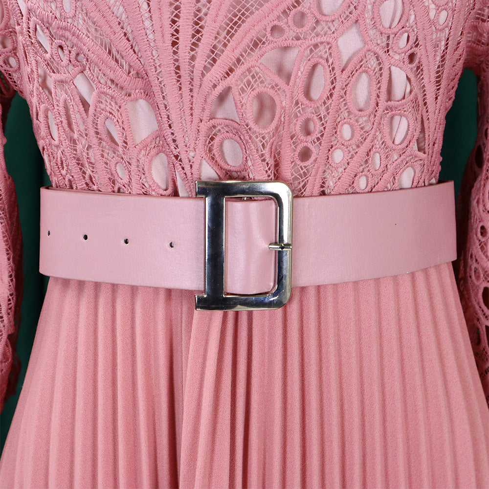 Large size lace crochet sexy  pleated European and American dress dress (with belt)