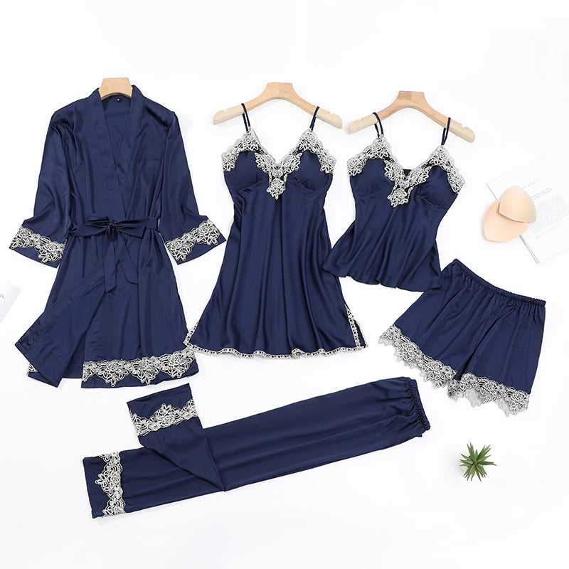 Five-piece pajamas women's summer thin ice silk suspender nightdress nightgown set