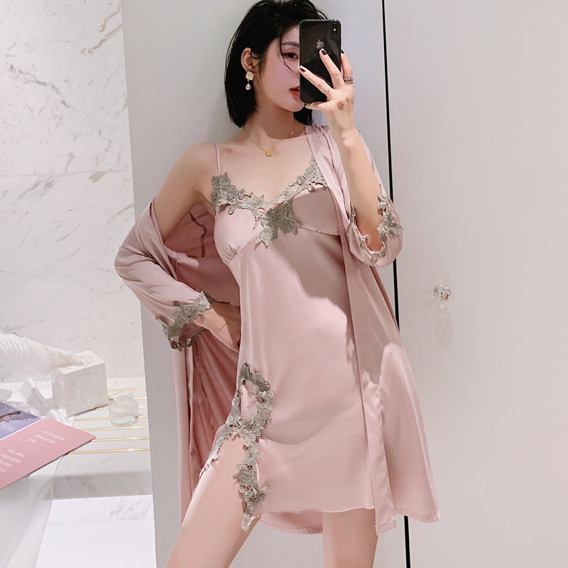 2PCS Pajamas Set Womens Long Sleeve Nighty Robe V-Neck Sleep Wear Pijama Home Nightie Sexy Bathrobe Gown Suit vest with Chest Pad Silk Slip Nightdress