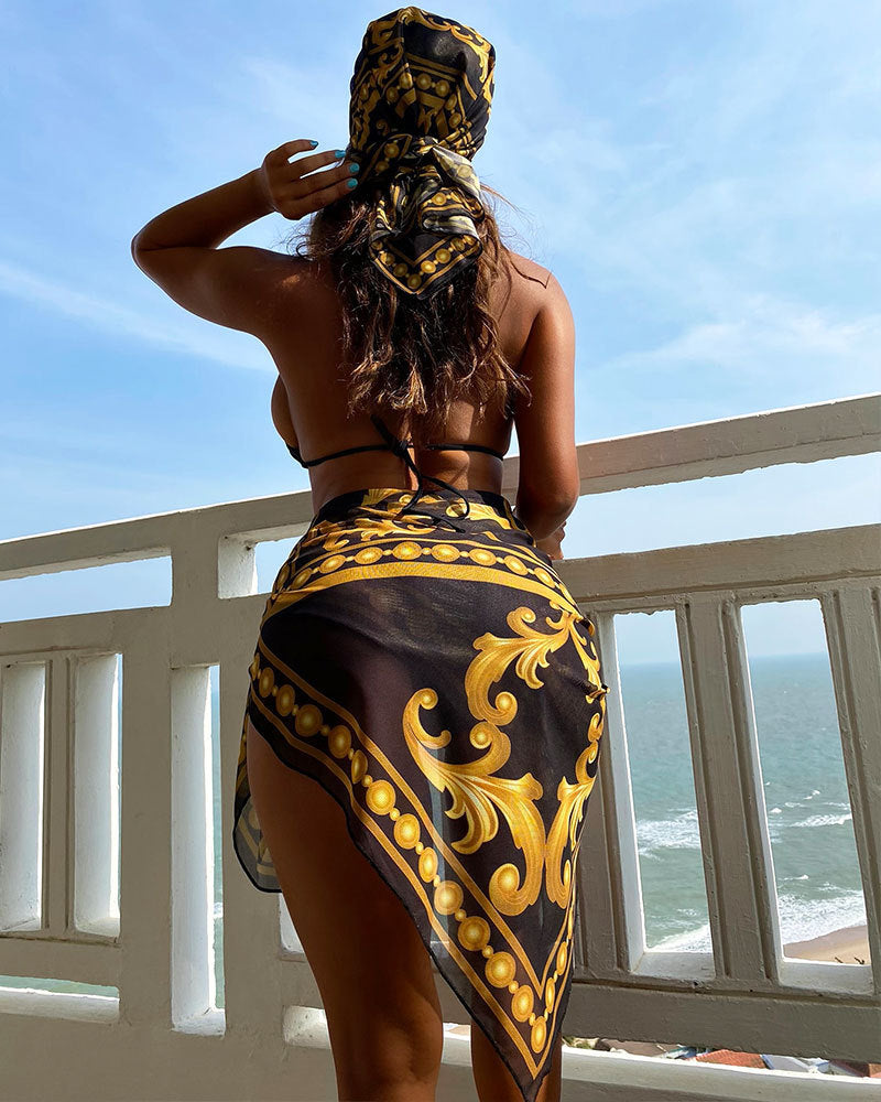 2023 new retro printed bikini swimsuit women's European and American mesh three-piece swimsuit split long skirt bikini