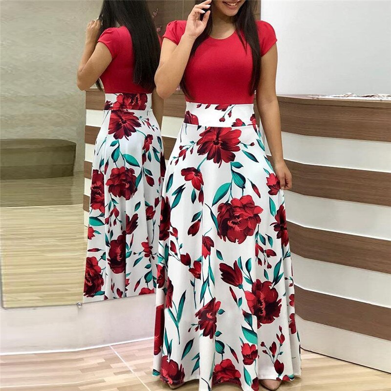 Floral Print Summer Boho Dress Women Casual Short Sleeve Patchwork Dress Ladies Elegant Party Dress Long Maxi Dresses Vestidos