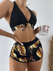 Three-piece bikini gathered halter neck leaf print sports fashion foreign trade swimsuit