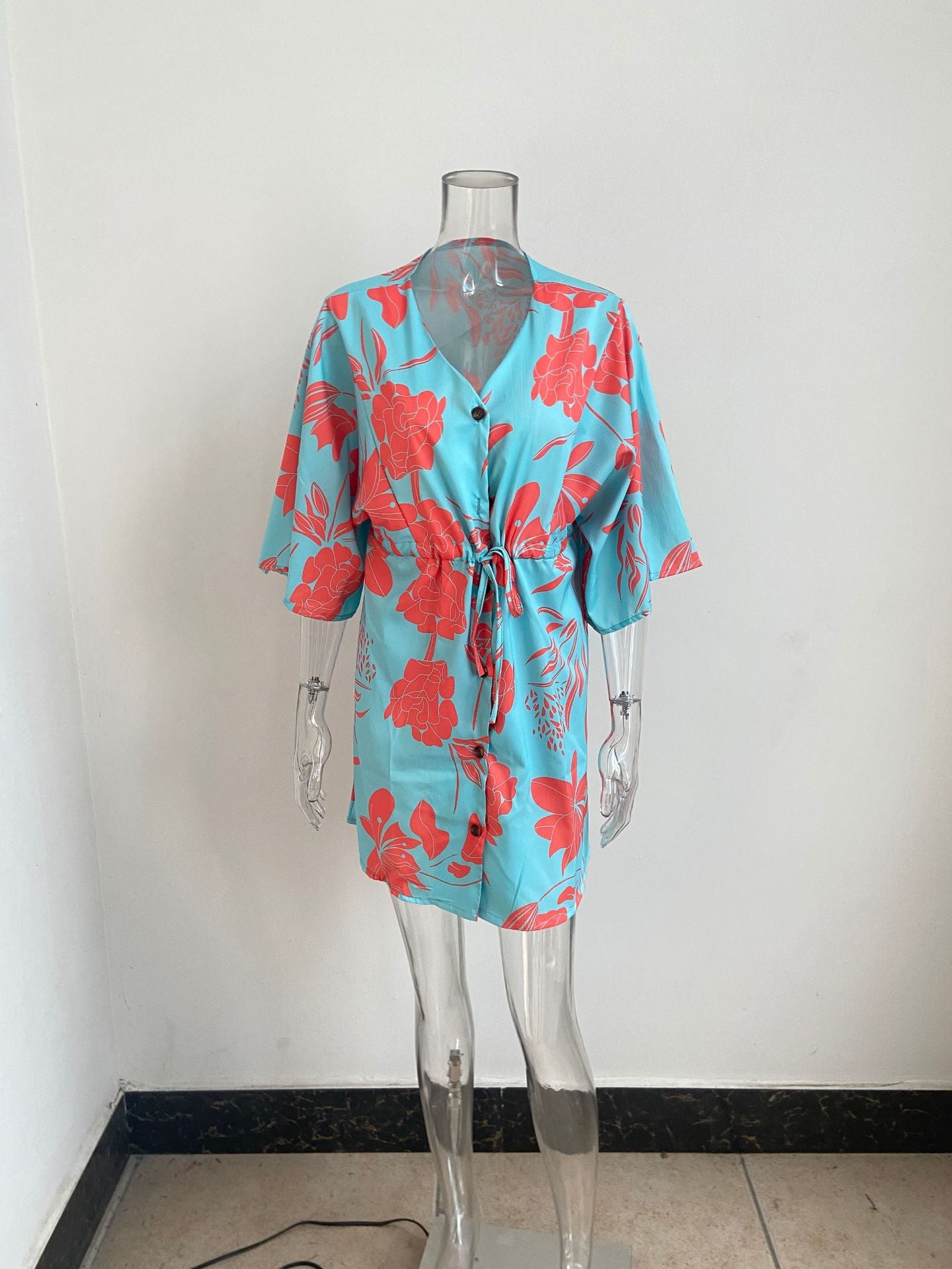 فستان قصير غير رسمي لقضاء العطلات على الشاطئ بوهو للنساء فساتين صيفية مطبوعة بأربطة وأكمام تشبه جناح الخفّاش للنساء رداء نسائي فضفاض 