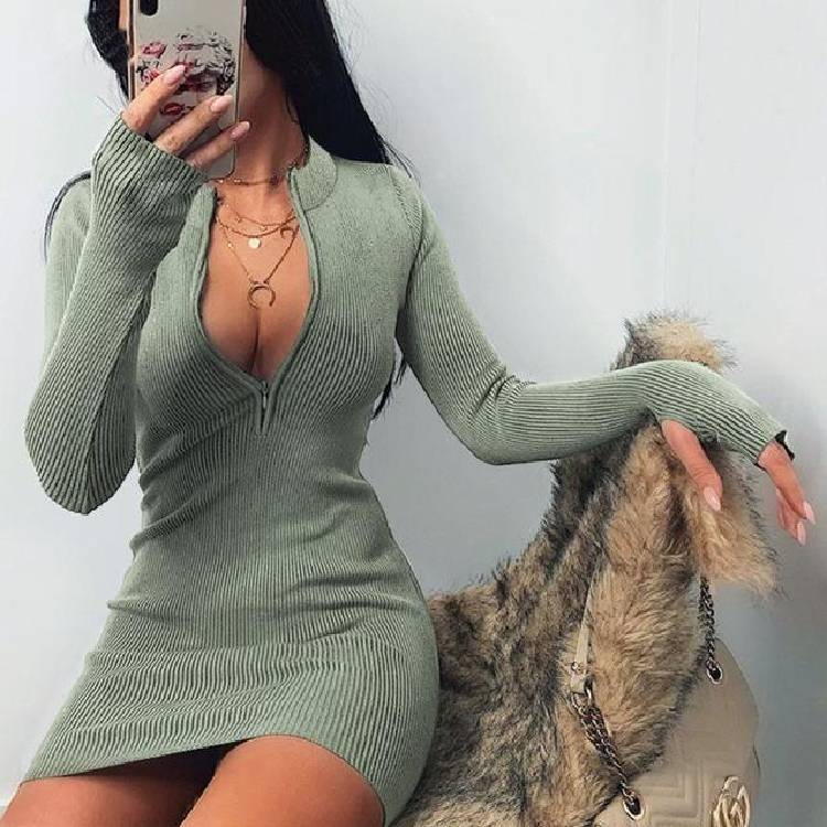 Oshoplive 2021 Autumn&Winter Fashion Bodycon Dress For Women Versatile Wrap Slim Sexy Dress Long Sleeves Knitted Mini Dress