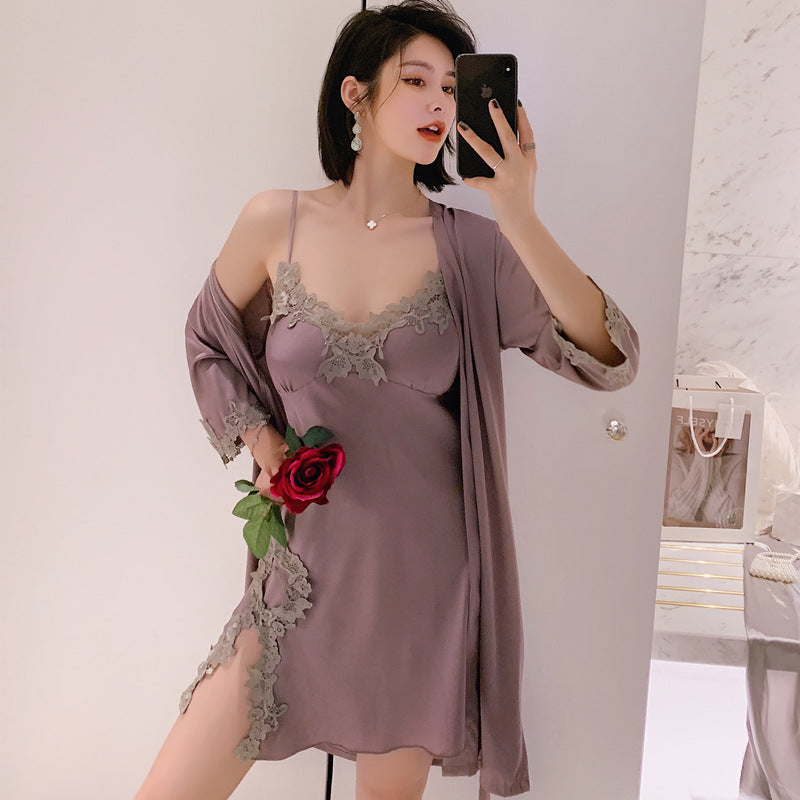 2PCS Pajamas Set Womens Long Sleeve Nighty Robe V-Neck Sleep Wear Pijama Home Nightie Sexy Bathrobe Gown Suit vest with Chest Pad Silk Slip Nightdress