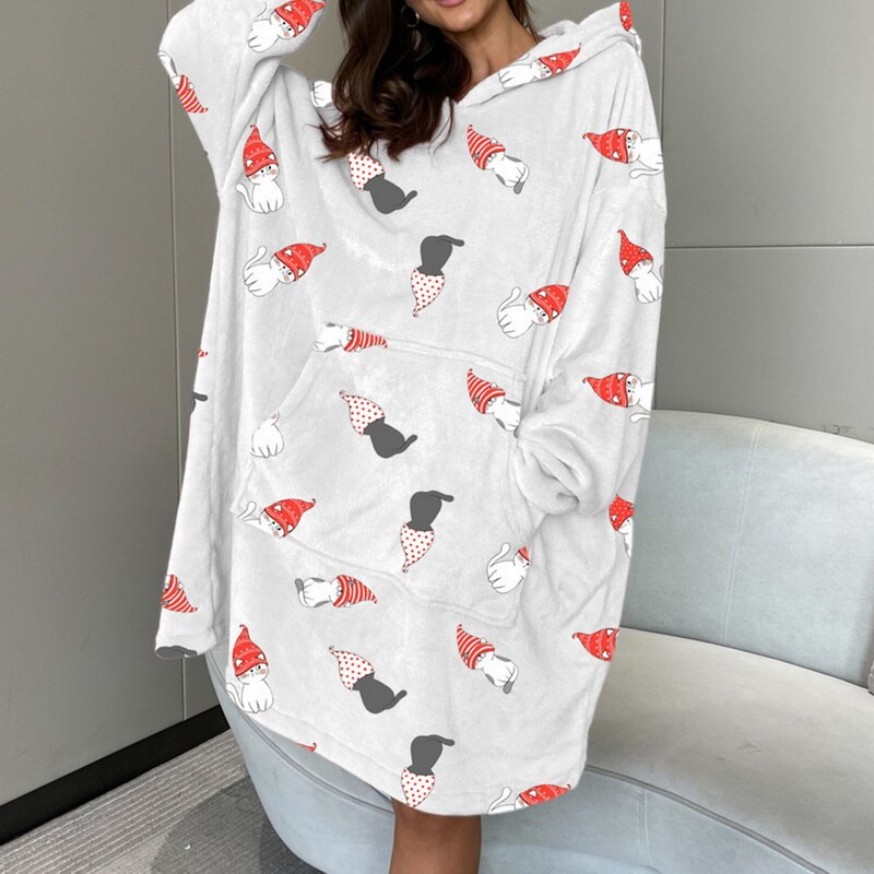 بيجامة عيد الميلاد للسيدات اللطيفة ملابس نوم مطبوعة بجيب كبير ثوب نوم قطيفة كسول ملابس منزلية بيجاما بقلنسوة 2022