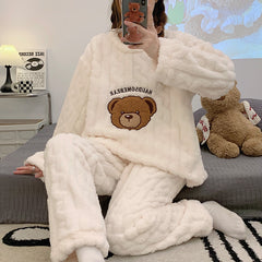 Autumn and winter new thickened plush jacquard pajamas women's round neck pullover sweet student home service