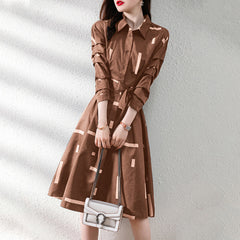 Elegant Fashion Geometric Print Belt Dress 2022 Spring Long Sleeve Lapel Loose Pullover Midi Dress Women Clothes 2r20 Print Irregular