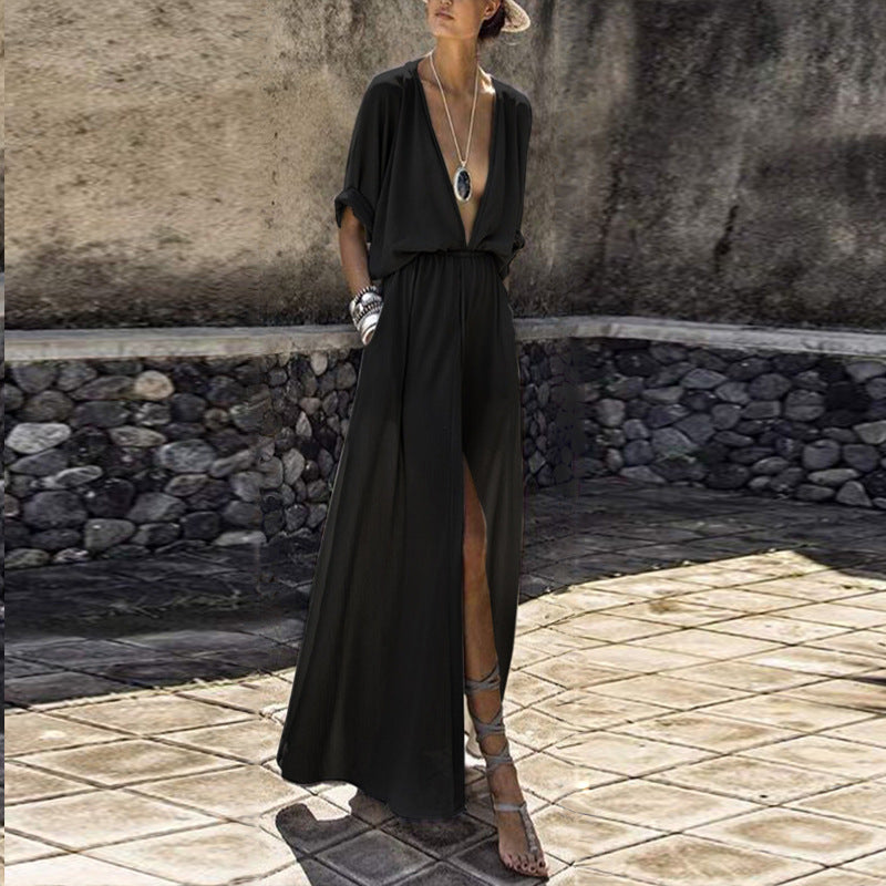 Deep V mid-sleeve slit dress European and American new dress beach skirt