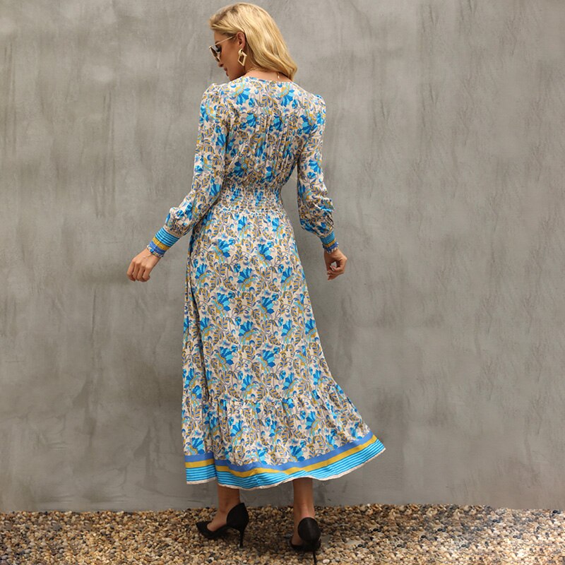 فستان نسائي طويل ماكسي بنمط بوهو مطبوع عليه زهور أنيق على شكل حرف V Nekc فساتين بأكمام طويلة فستان نسائي أنيق بفتحة أمامية على شكل حرف A 