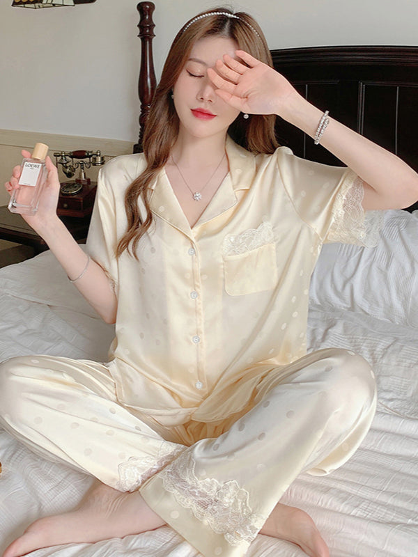 Summer women's short-sleeved trousers gentle wave dot lace women's pajamas  silk home service suit