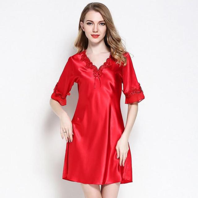 Sexy Women Satin Sleepwear Silky Nightgown Half Sleeve  Nightdress Sexy Lingerie Plus Size S M L XL XXL Female Nightie