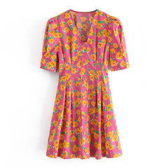 فستان قصير موضة 2021 للسيدات بنمط بوهو مطبوع عليه زهور فستان حفلات بأكمام قصيرة فساتين صيفية بطيات ورقبة على شكل V 