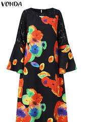 VONDA Elegant Dresses For Women 2022 Random Printed O Neck Long Flared Sleeve Lace A-Line Bohemian Party Casual Summer Plus Size Long Dresses