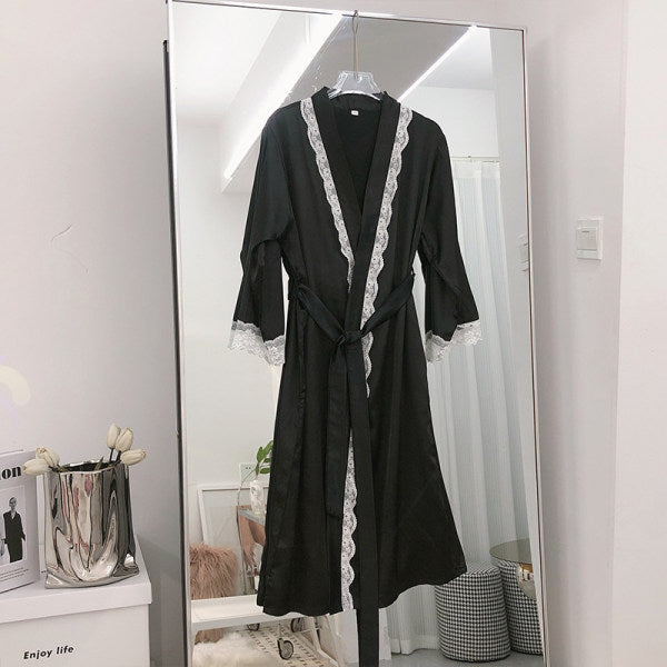 Dressing gown female bride bridesmaid group wedding home nightgown spring and autumn ice silk long bathrobe sexy lace