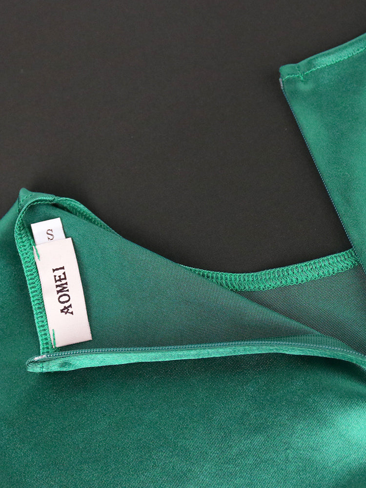 AOMEI Women Shiny Dress Green Long Sleeve Bodycon Satin Folds Midi Elegant Big Size Evening Christmas Party Birthday Outfits New