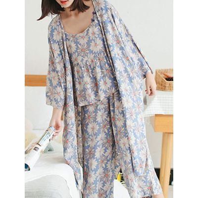 طقم ملابس منزلية للسيدات يابانيات مكون من ثلاث قطع حزام طباعة نباتي غير رسمي + بنطلون + طقم بيجامة للسيدات ثوب نوم