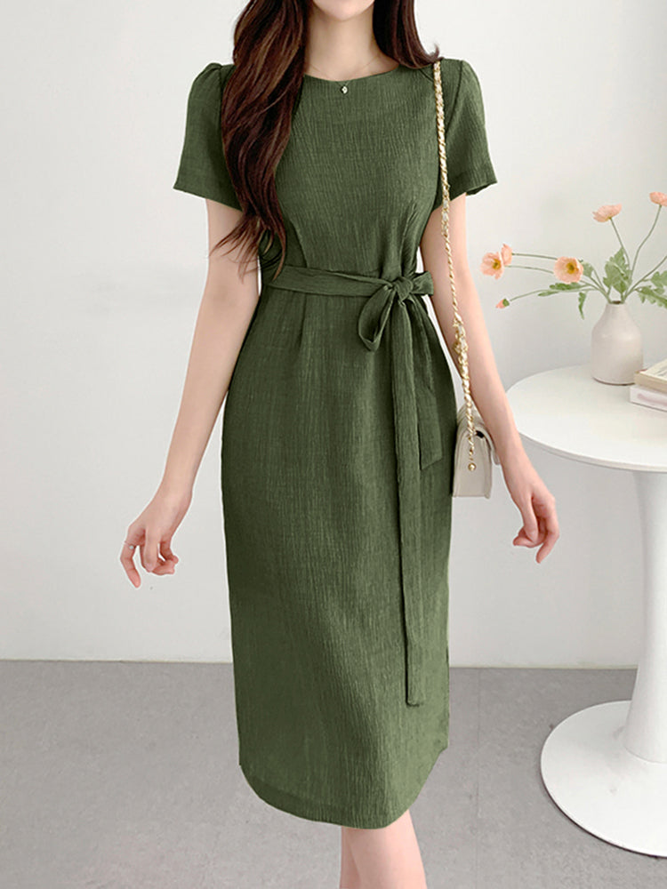 ZAZNEA Causal Loose Dress Ladies Elegant Work Vestido Women Summer Short Sleeeve Solid Sundress Fashion Loose Lace Up Dresses