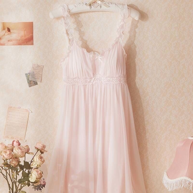 QWEEK Lace Mesh Kawaii Sleepwear  Nightdress Women Sexy Nightwear Cute Nightie Fancy Nightgown  Dress Dressing Gown