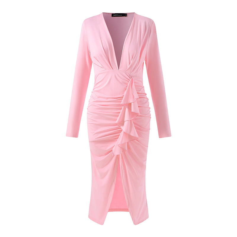 Celmia Elegant Women Sexy V-neck Dress 2022 Fashion Pleated Ruffled Bodycon Party Dress Casual Solid Slit Midi Vestidos Robe