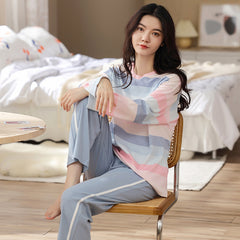 Pajamas women's spring and autumn cotton long-sleeved trousers  casual cute  plus size home service two-piece suit can be worn outside