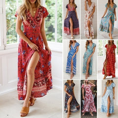 Women's Summer Flower Dress Short Sleeve Boho Maxi Dress Printed Flower Dress Maxi Beach Dress