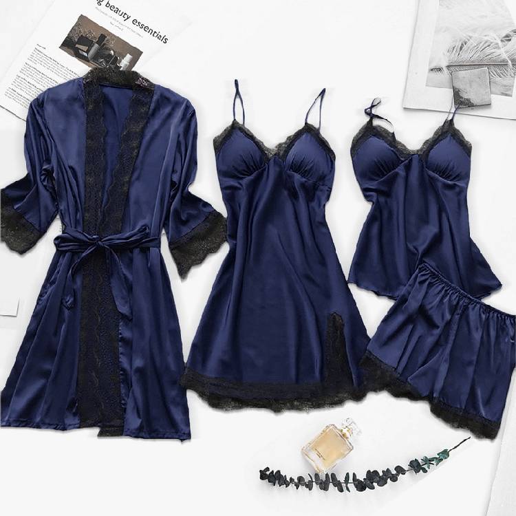 4PC Silk Robe Sleep Suit Womens Lace Satin Pajamas Gown Set V Neck Cami Nighties Wear Pijama Home Nightwear Spring Nightdress