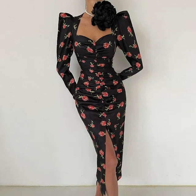 Women's Long Sleeve Bodycon Dress Elegant Drape Square Neck Party Dress Casual Floral Print Slim Dress